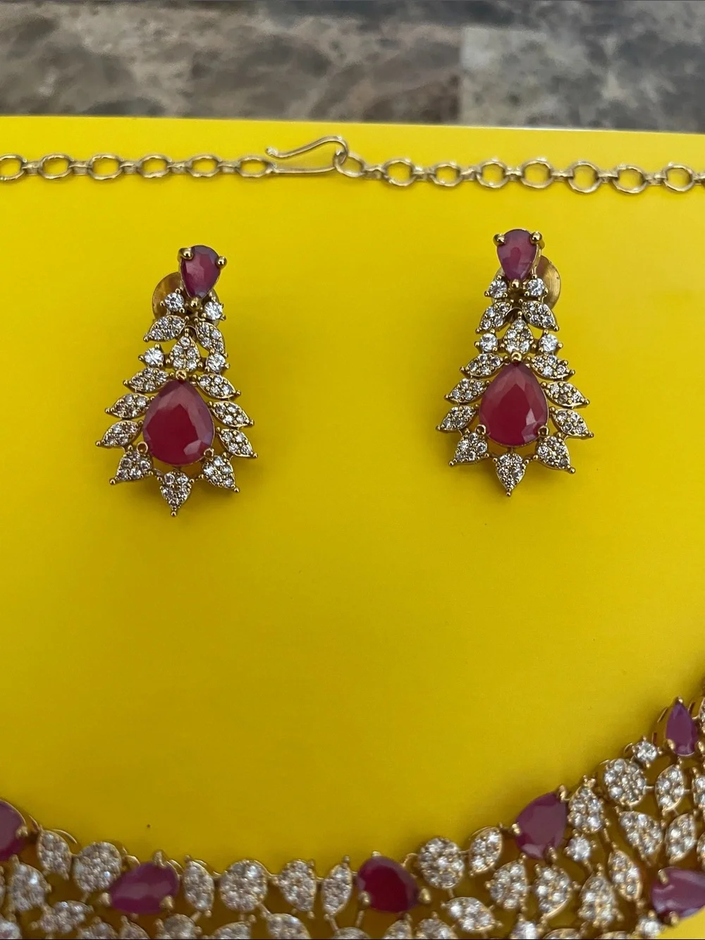 Gold-Tone Necklace and Earring Set with Ruby-Red Stones